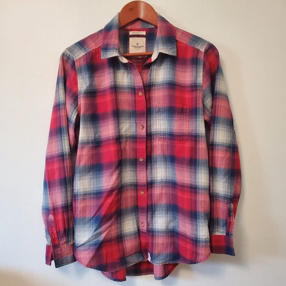 American Eagle Outfitters Women Shirt Boyfriend Plaid Fit Flannel Size M Casual - Picture 1 of 10